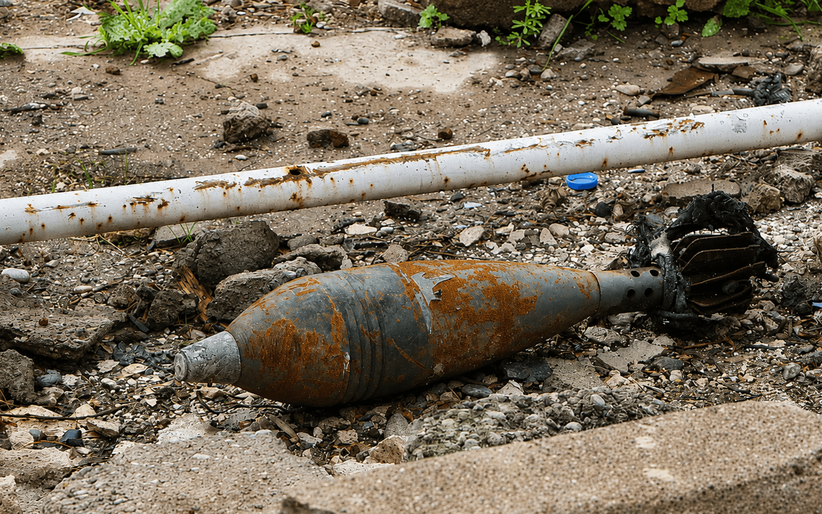 Unexploded ordnance lying on rubble and wet ground